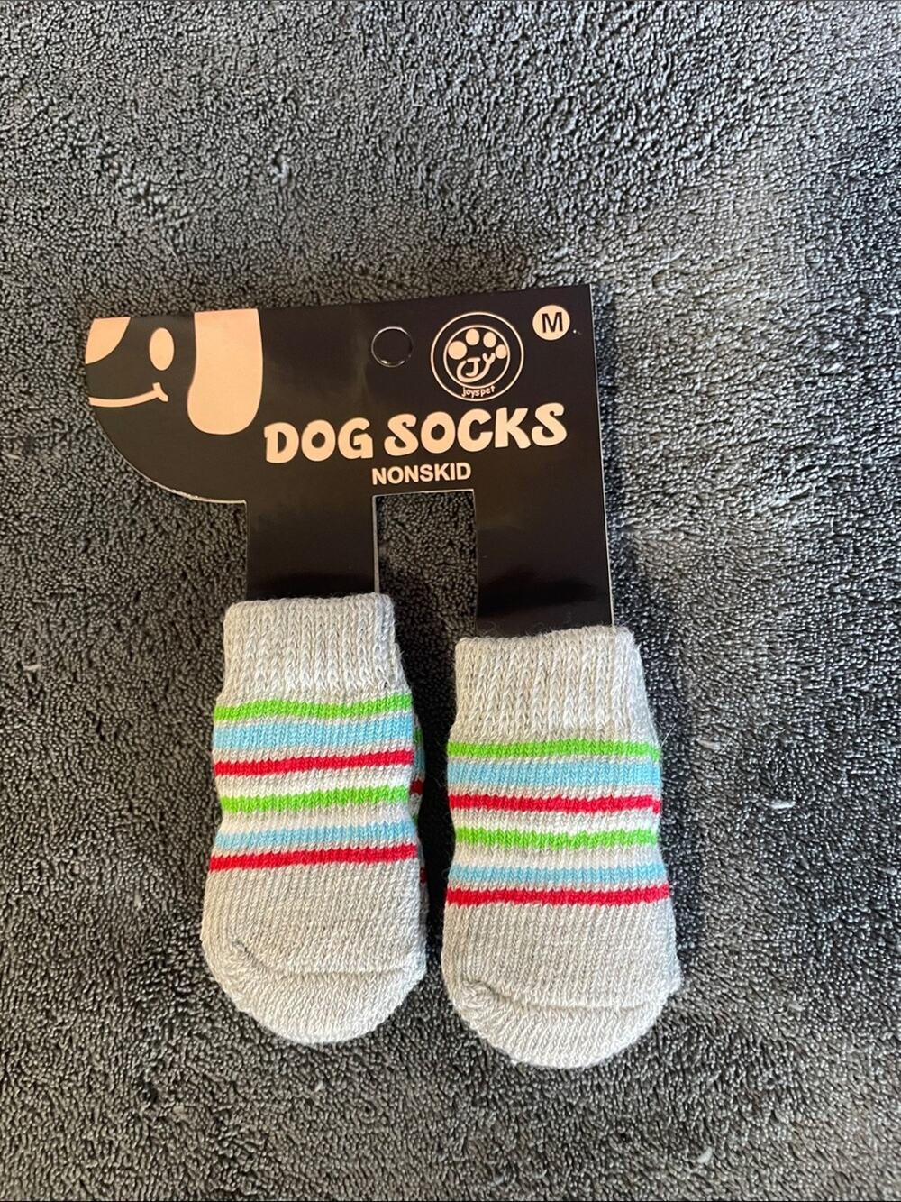 Dog Socks Nonskid Gray with Red, Green & Blue Stripes NWT